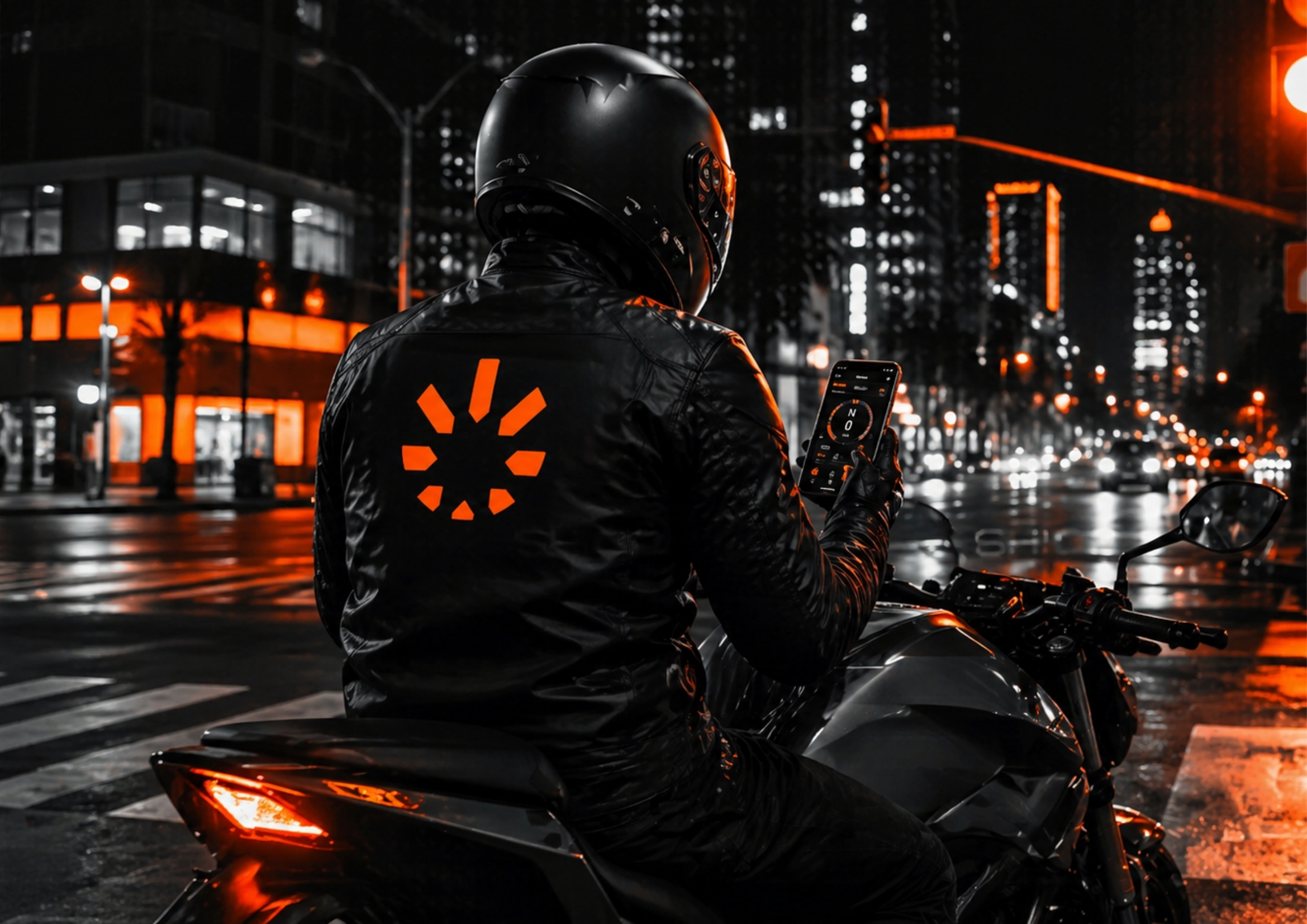 Motociclista na cidade à noite